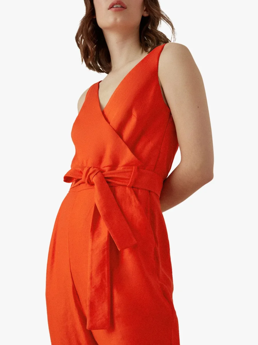 Karen Millen Orange Cinched Waist V Neck Linen Blend Jumpsuit - Imagen 6