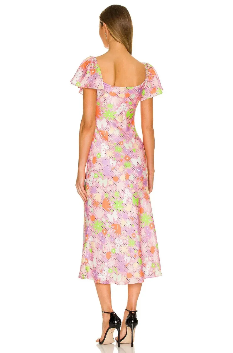 OLIVIA RUBIN Pink Satin Floral Polka Dot Amelia Midi Dress - Imagen 4