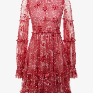 Needle & Thread Red Anya Cherry Flora Long Sleeve Dress