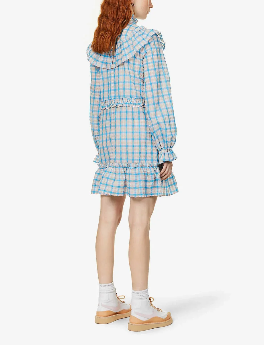 GANNI Prairie Pink Blue Gingham Check Seersucker Ruffle High Neck Dress - Imagen 6
