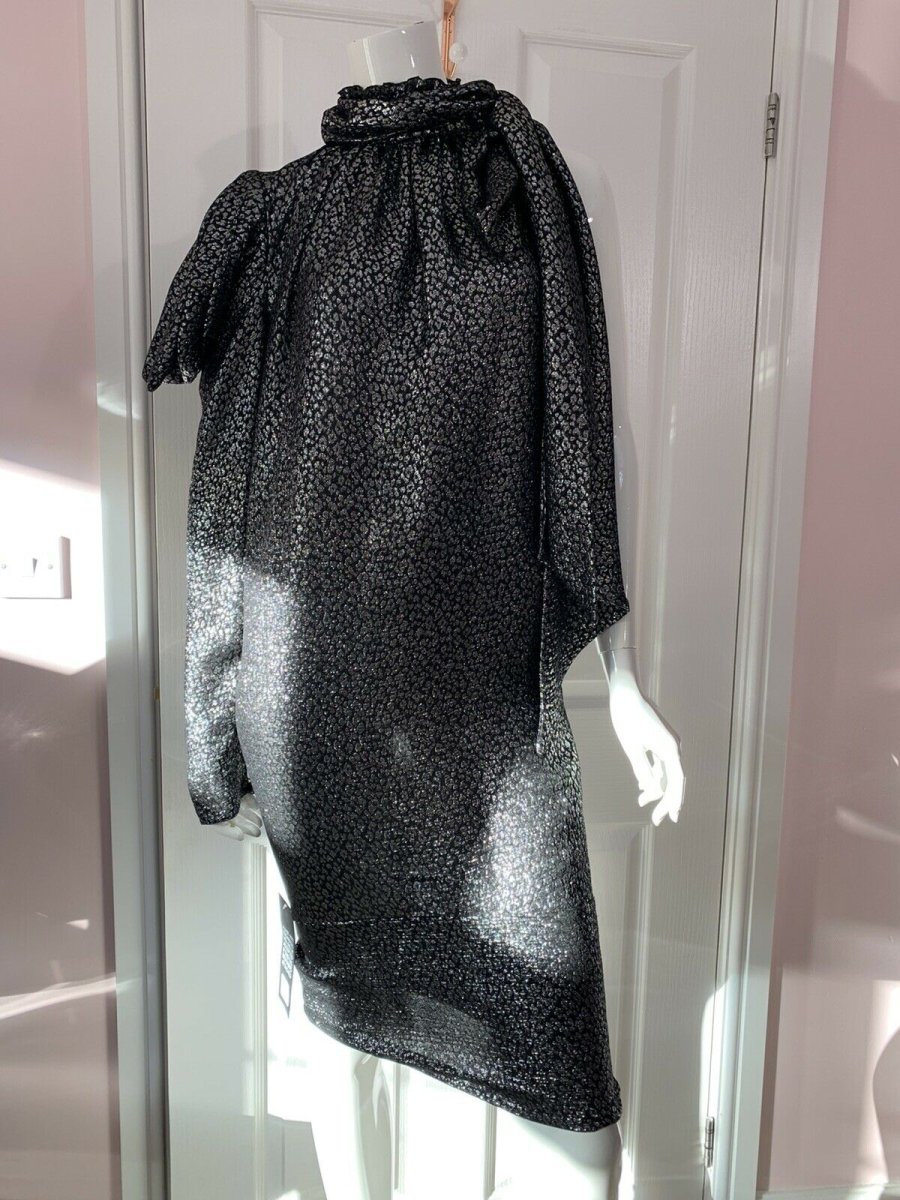 REDEMPTION Metallic Jacquard High Neck One Shoulder Dress