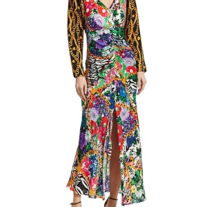 Rixo London Madonna Silk Floral Chain Mixed Satin Wrap Dress
