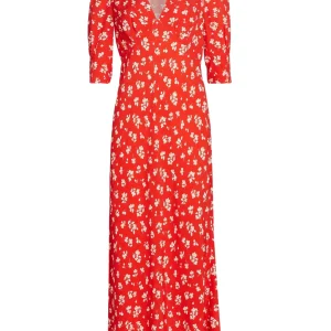 Rixo London Red Zadie Floral Crepe Midi Dress
