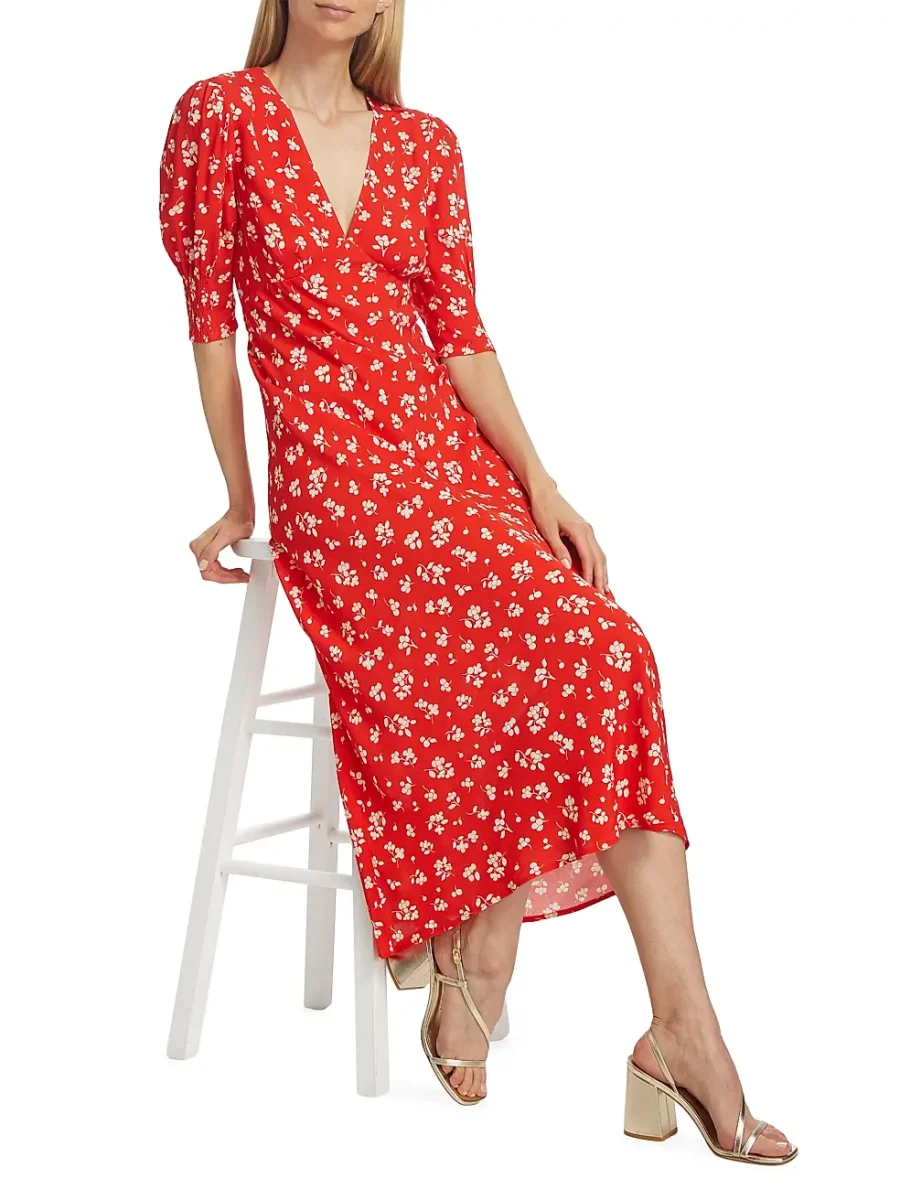 Rixo London Red Zadie Floral Crepe Midi Dress - Imagen 3