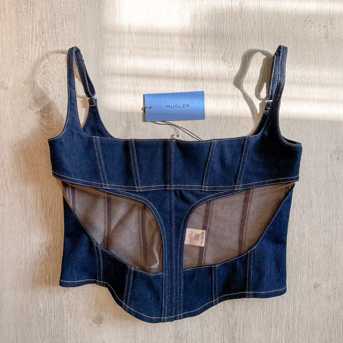 MUGLER Denim Cut-Out Detail Square Neck Corset Top - Imagen 3