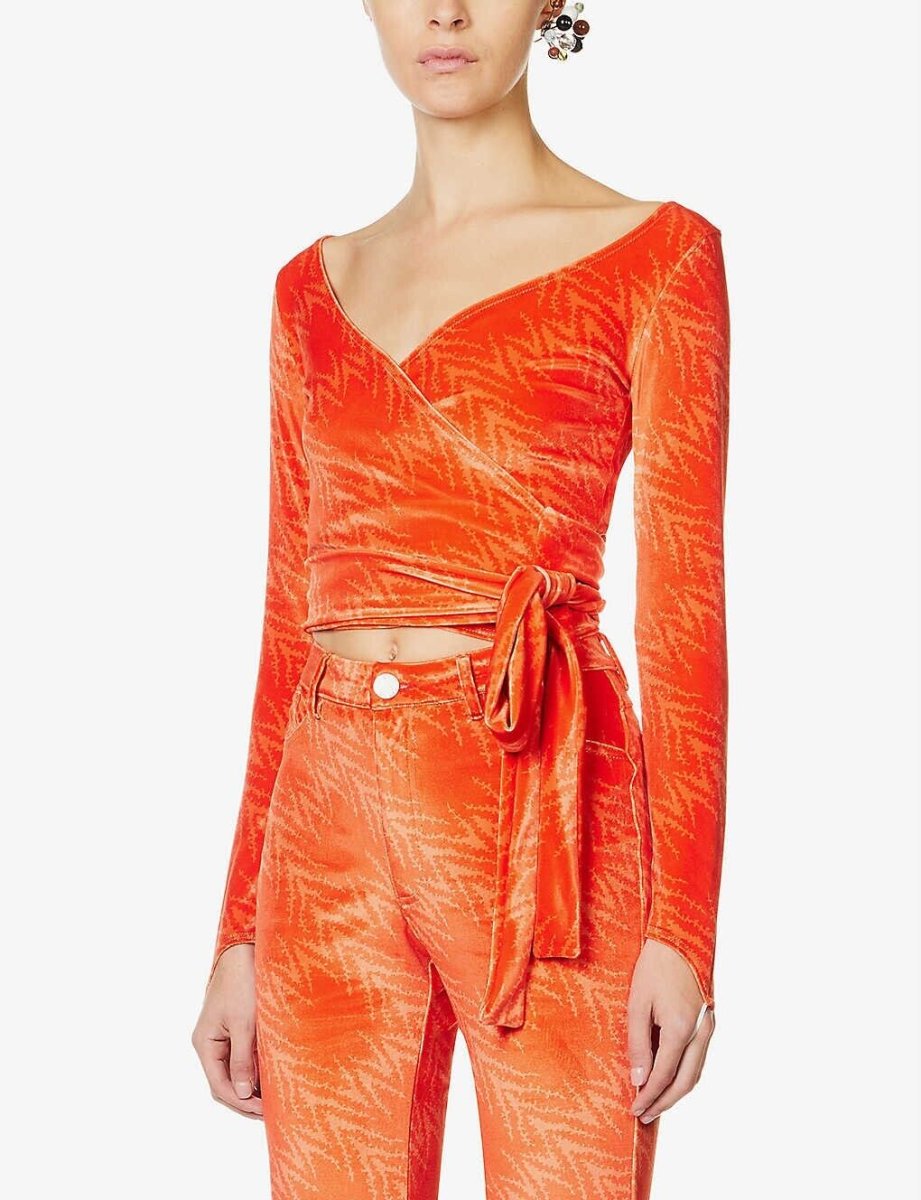 MAISIE WILEN Dramady Orange Abstract Print Velour Wrap Top - Imagen 3