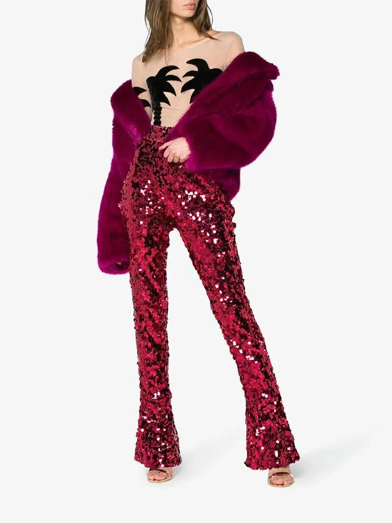 HALPERN Sequin Pailette Dark Pink High Waisted Flared Pants Trousers - Imagen 4