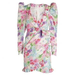 Alessandra Rich Floral Print Taffeta Bow Front Ruffle Detail Mini Dress