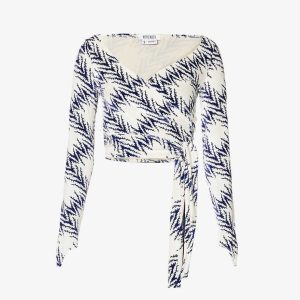 MAISIE WILEN Dramady Blue White Abstract Print Velour Wrap Top