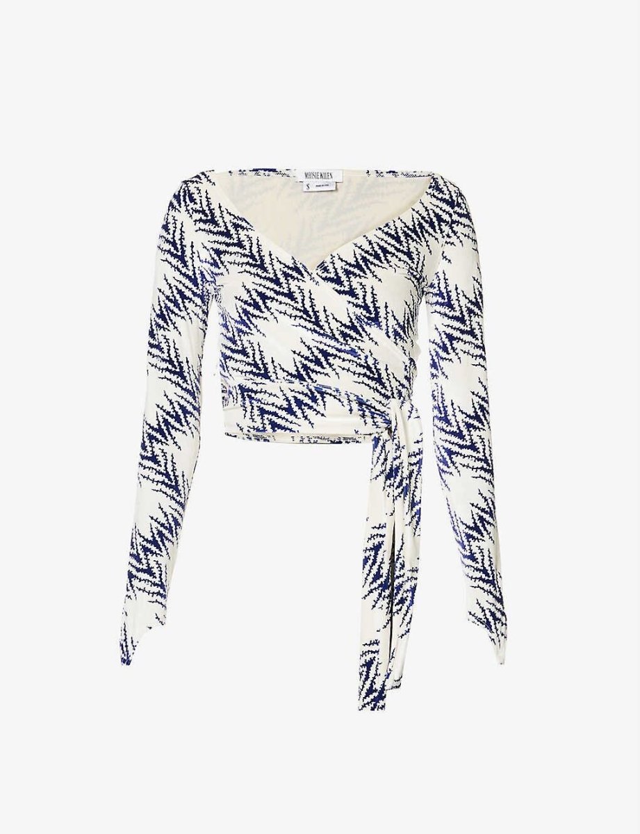 MAISIE WILEN Dramady Blue White Abstract Print Velour Wrap Top - Imagen 2