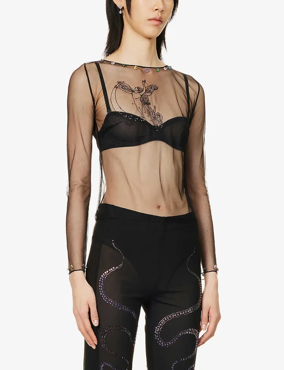 CLIO PEPPIATT Moon Bead-Embellished Black Tulle Mesh Top - Imagen 3