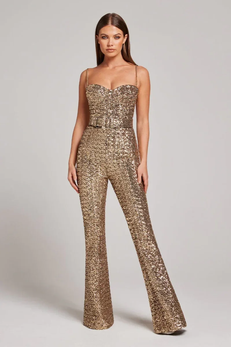 NADINE MERABI Gold Lucinda Chain Strap Sequinned Embellished Jumpsuit - Imagen 3