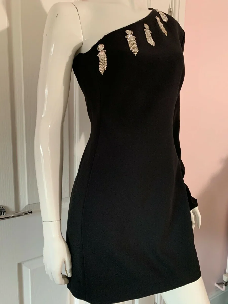 DAVID KOMA Black Dangly Crystal Embellished One Shoulder Dress - Imagen 8