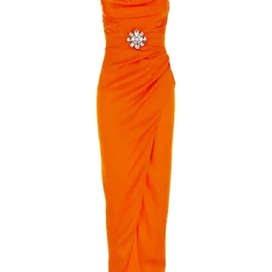 ALESSANDRA RICH Orange Silk Satin Charmeuse Ruched Slit Leg Spaghetti Strap Evening Dress