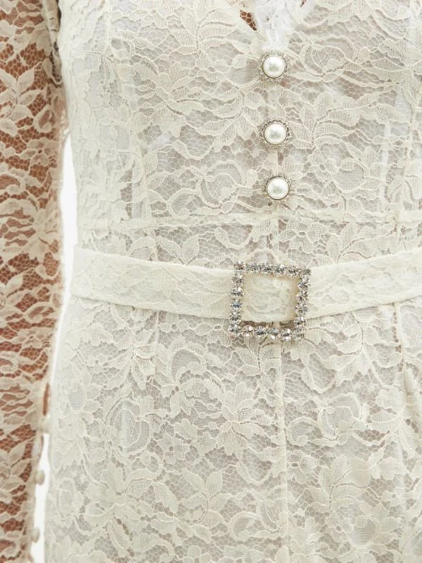 Alessandra Rich White High Neck Sweetheart Floral Lace Pearl Button Wedding Dress - Imagen 6