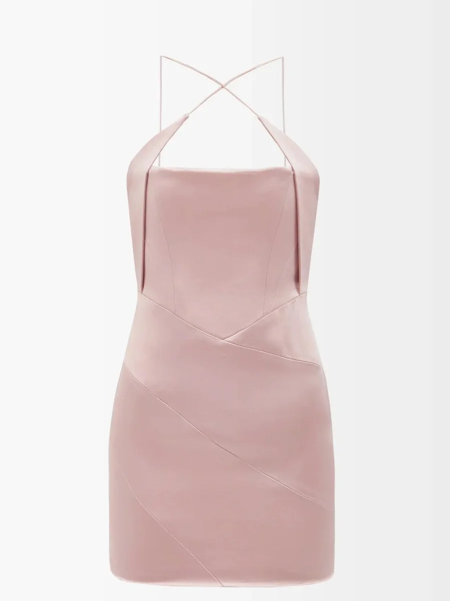 16ARLINGTON Pink Corseted Crossover Strap Satin Mini Dress - Imagen 4
