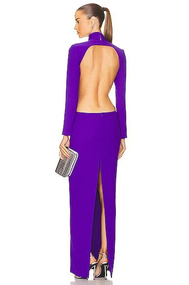 MONOT Cut Out Sides Backless High Neck Slit Leg Purple Crêpe Gown - Imagen 6