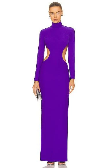 MONOT Cut Out Sides Backless High Neck Slit Leg Purple Crêpe Gown - Imagen 4