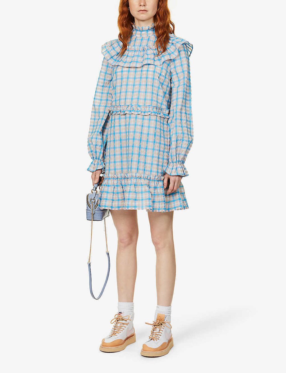 GANNI Prairie Pink Blue Gingham Check Seersucker Ruffle High Neck Dress - Imagen 3