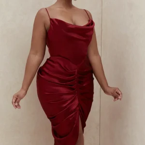 House Of CB Nera Wine Red Corseted Satin Midi Dress