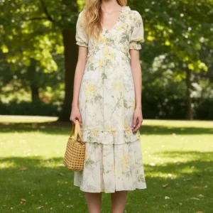 Needle & Thread Floral Rose Print Chiffon Ballerina Midi Dress