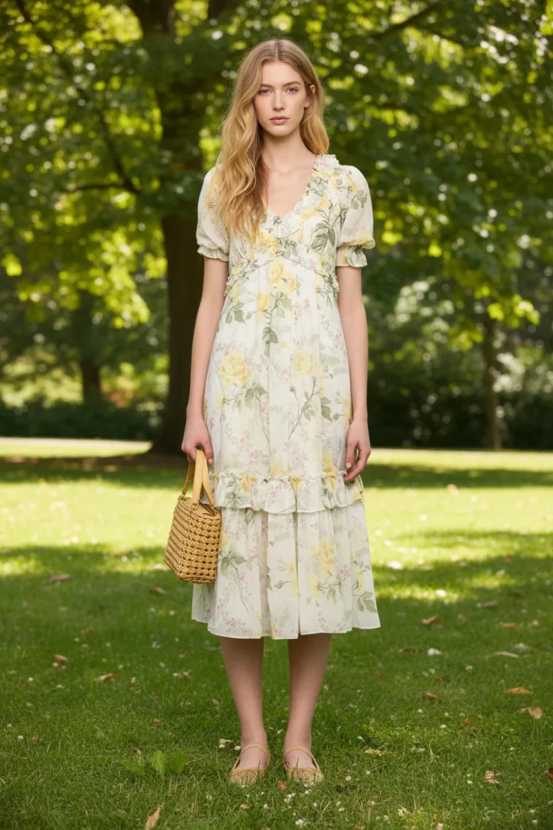 Needle & Thread Floral Rose Print Chiffon Ballerina Midi Dress
