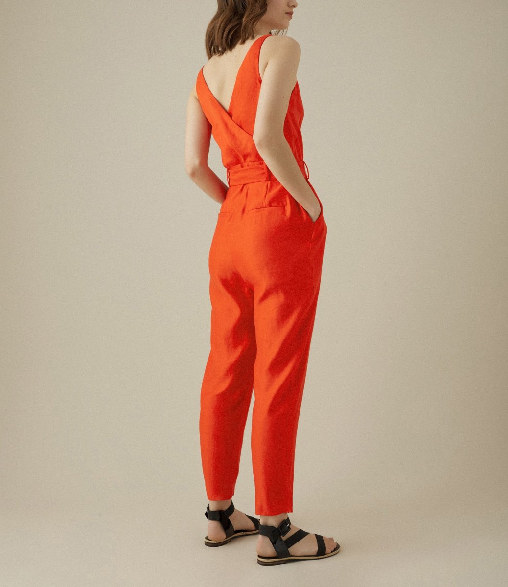Karen Millen Orange Cinched Waist V Neck Linen Blend Jumpsuit - Imagen 5