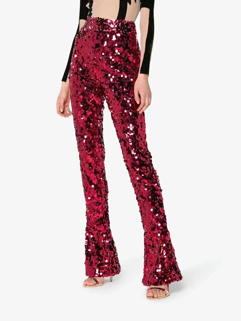HALPERN Sequin Pailette Emebllished Dark Pink High Waisted Flared Trousers