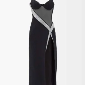DAVID KOMA Crystal Embellished Net Insert High Slit Black Midi Dress