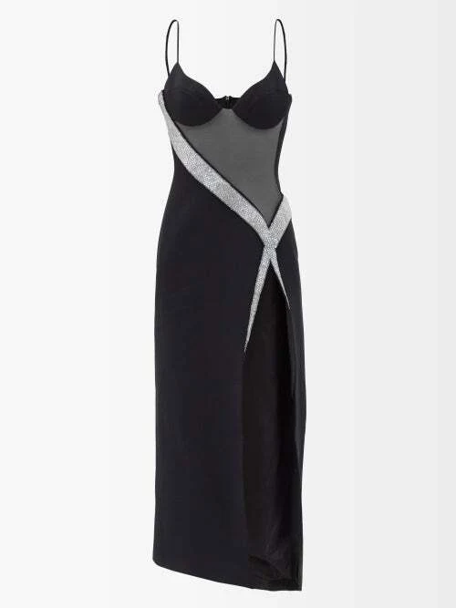 DAVID KOMA Crystal Embellished Net Insert High Slit Black Midi Dress - Imagen 2