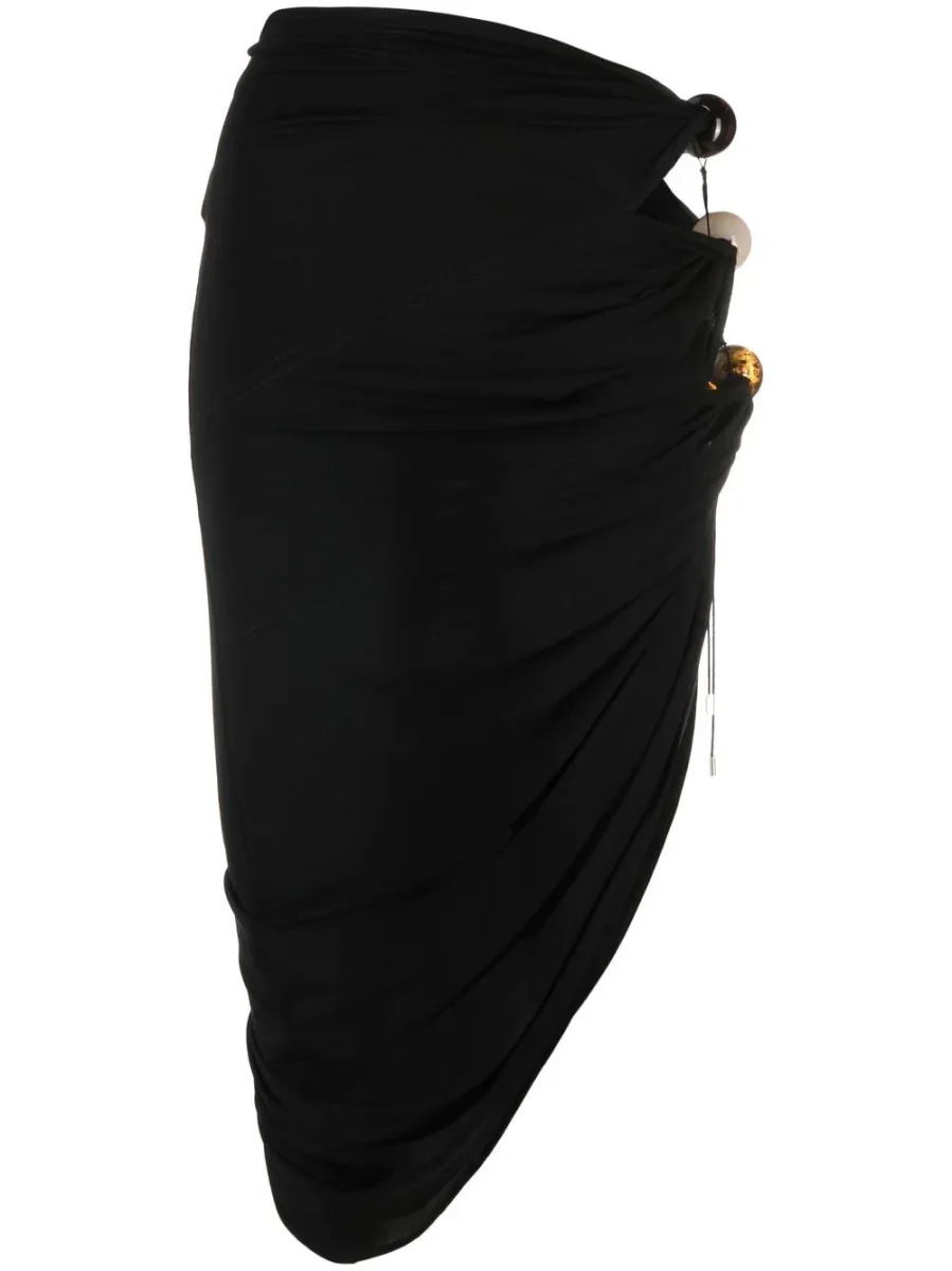 JACQUEMUS La Jupe Black Perola Bead Detail Cut Out Sides Asymmetric Skirt - Imagen 3