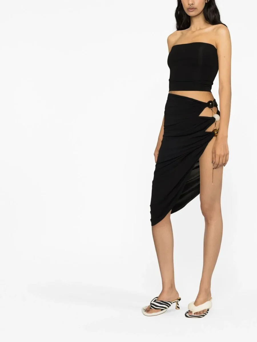 JACQUEMUS La Jupe Black Perola Bead Detail Cut Out Sides Asymmetric Skirt - Imagen 7