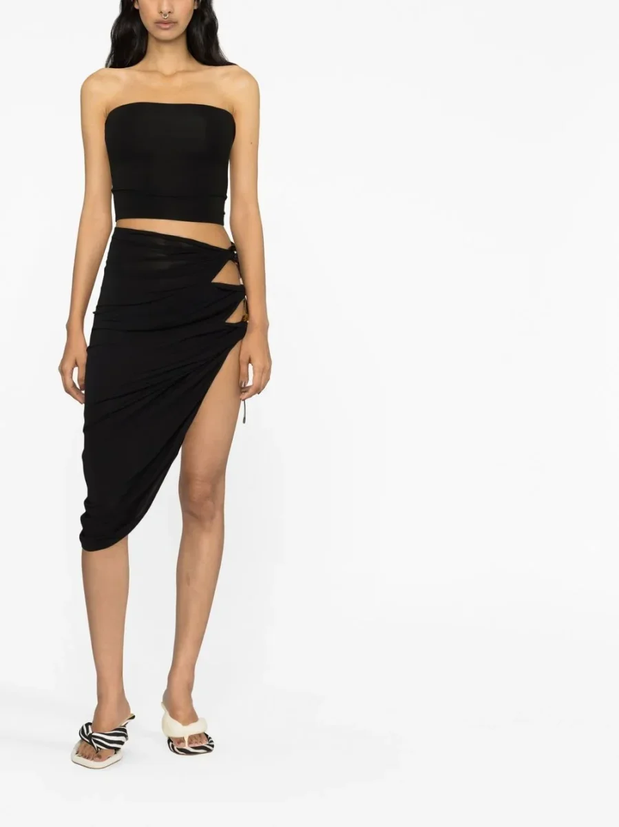 JACQUEMUS La Jupe Black Perola Bead Detail Cut Out Sides Asymmetric Skirt - Imagen 5