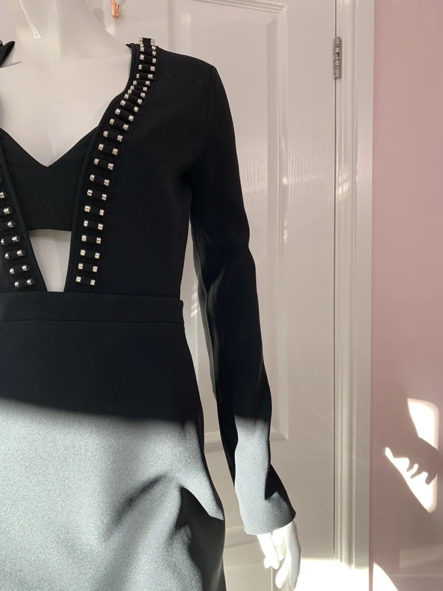 DAVID KOMA Black Tube Detail V-Neck Long Sleeve Dress - Imagen 6