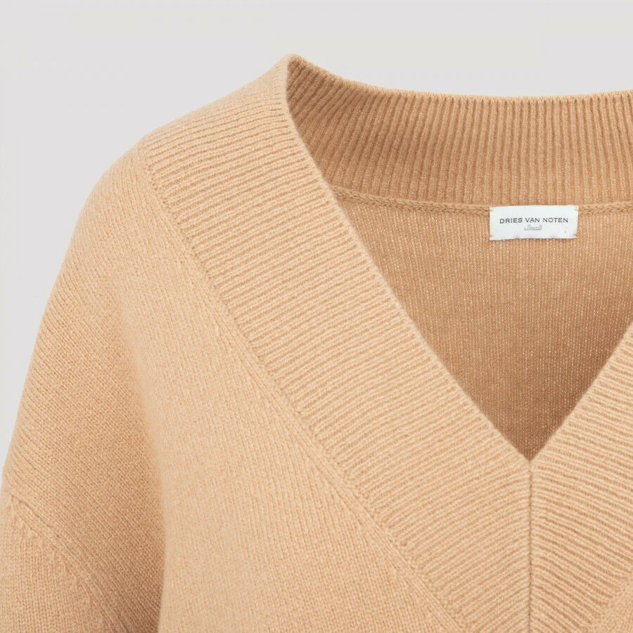 DRIES VAN NOTEN Taluka Wool V-Neck Camel Sweater Jumper Dress - Imagen 4