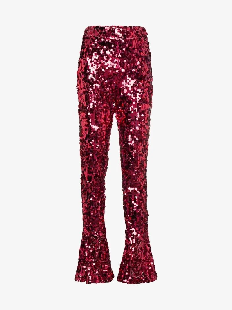 HALPERN Sequin Pailette Dark Pink High Waisted Flared Pants Trousers