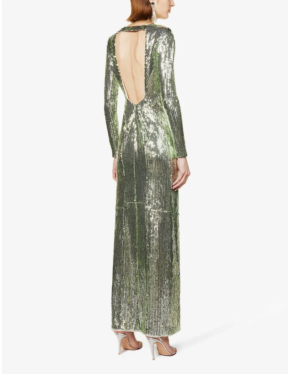 GALVAN Adela Sparkly Green Full Sequinned Cut Out Open Back Evening Gown Dress - Imagen 4