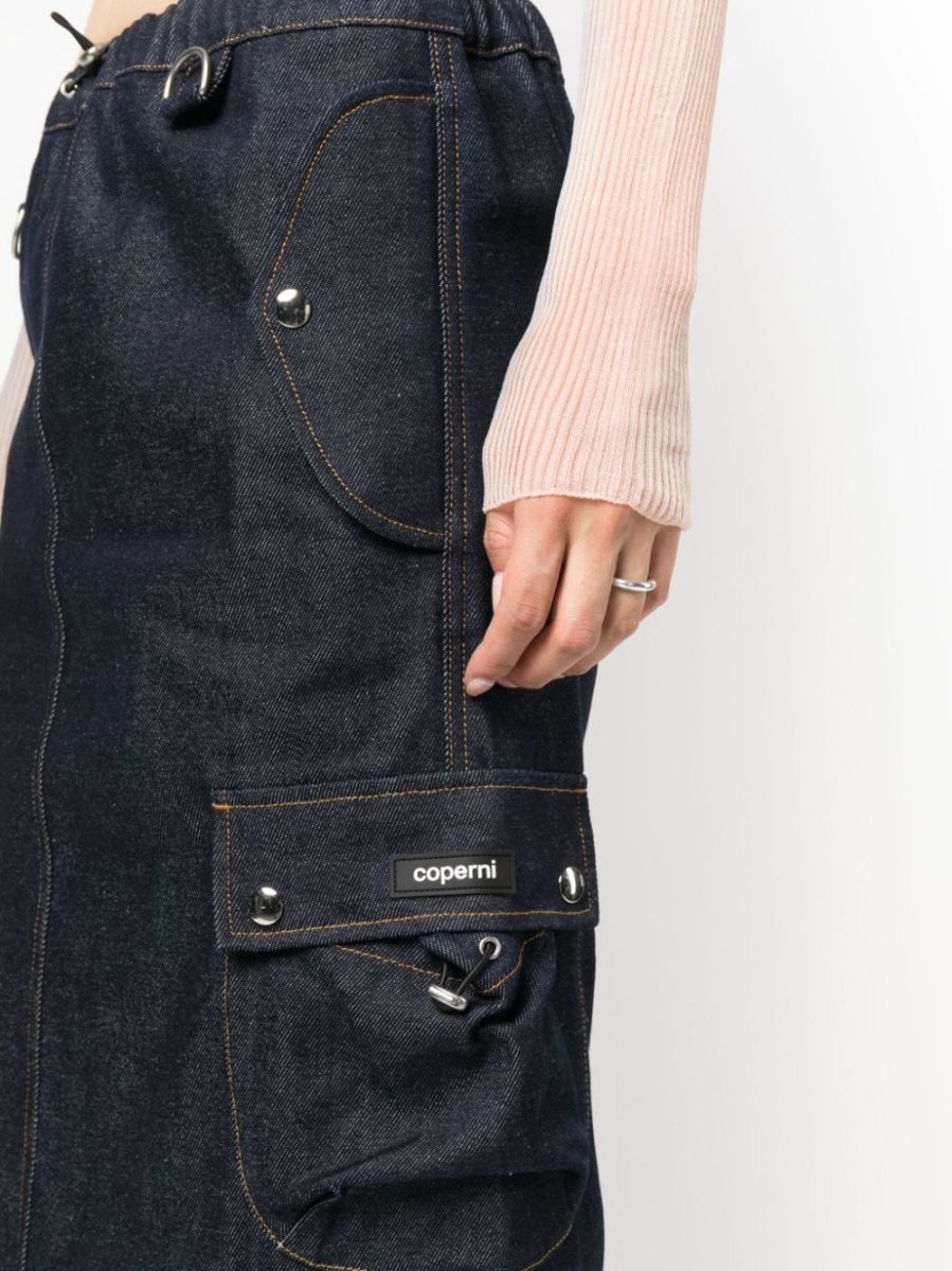 COPERNI Cargo Denim Dark Wash Logo Patch Pocket Detail Maxi Skirt
