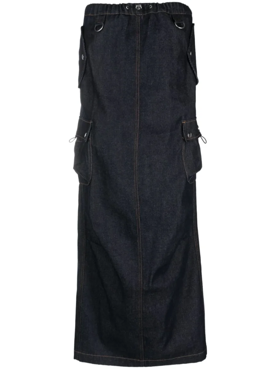COPERNI Cargo Denim Dark Wash Logo Patch Pocket Detail Maxi Skirt - Imagen 3