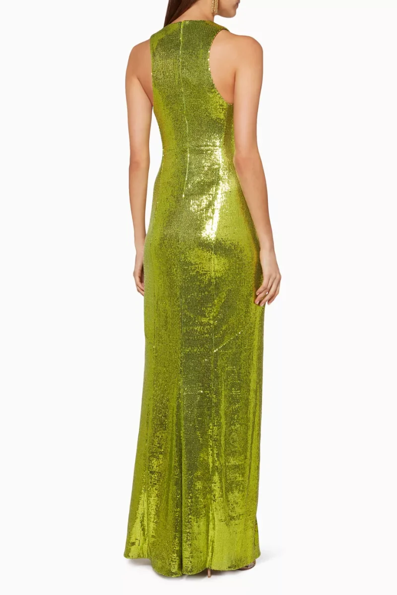 GALVAN Green Sequinned Sparkly High Shine Reflection Long Dress - Imagen 5