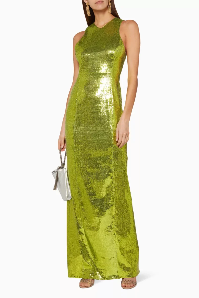 GALVAN Green Sequinned Sparkly High Shine Reflection Long Dress - Imagen 3