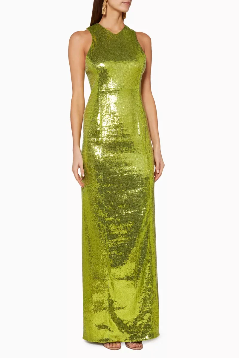 GALVAN Green Sequinned Sparkly High Shine Reflection Long Dress - Imagen 4