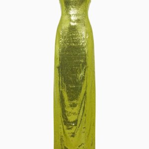 GALVAN Green Sequinned Sparkly High Shine Reflection Long Dress