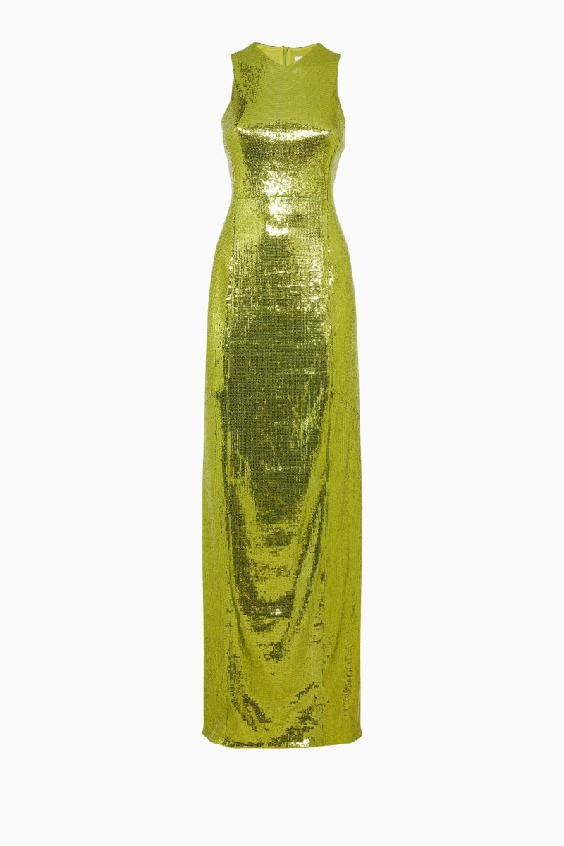 GALVAN Green Sequinned Sparkly High Shine Reflection Long Dress