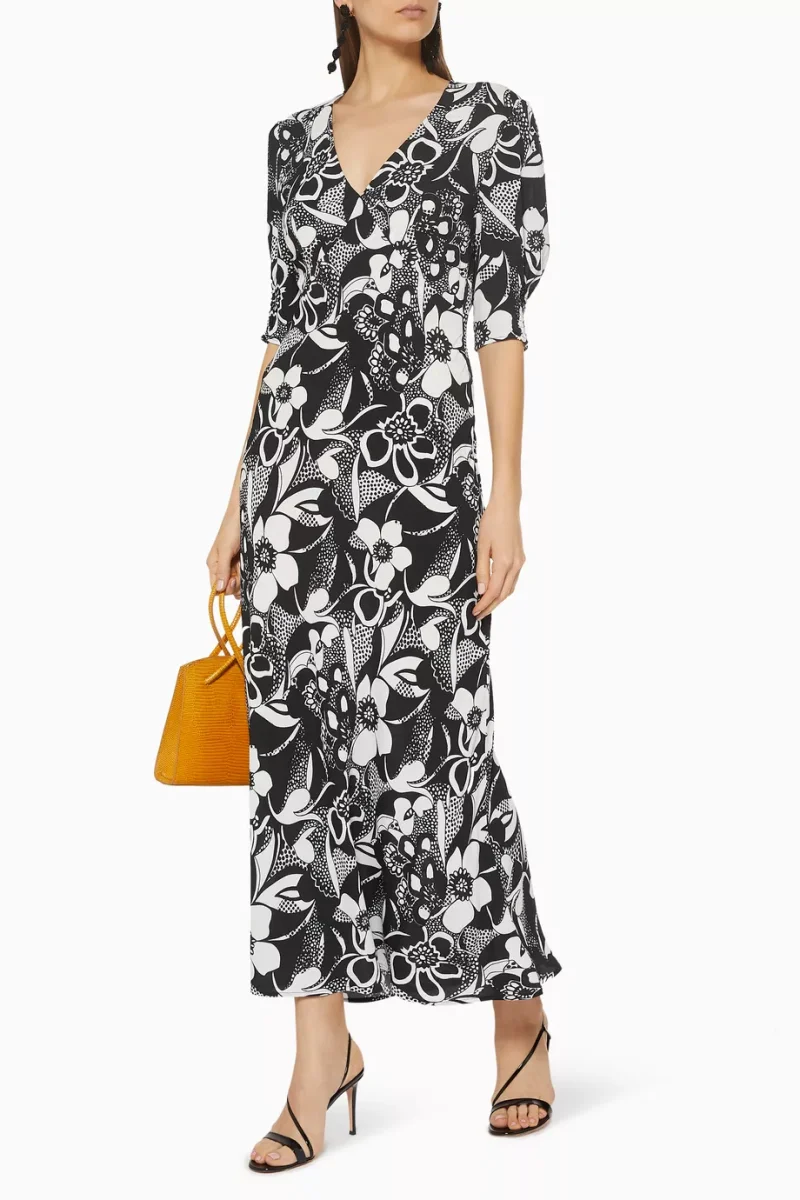 Rixo London Zadie Floral Monochrome Swirl Dress