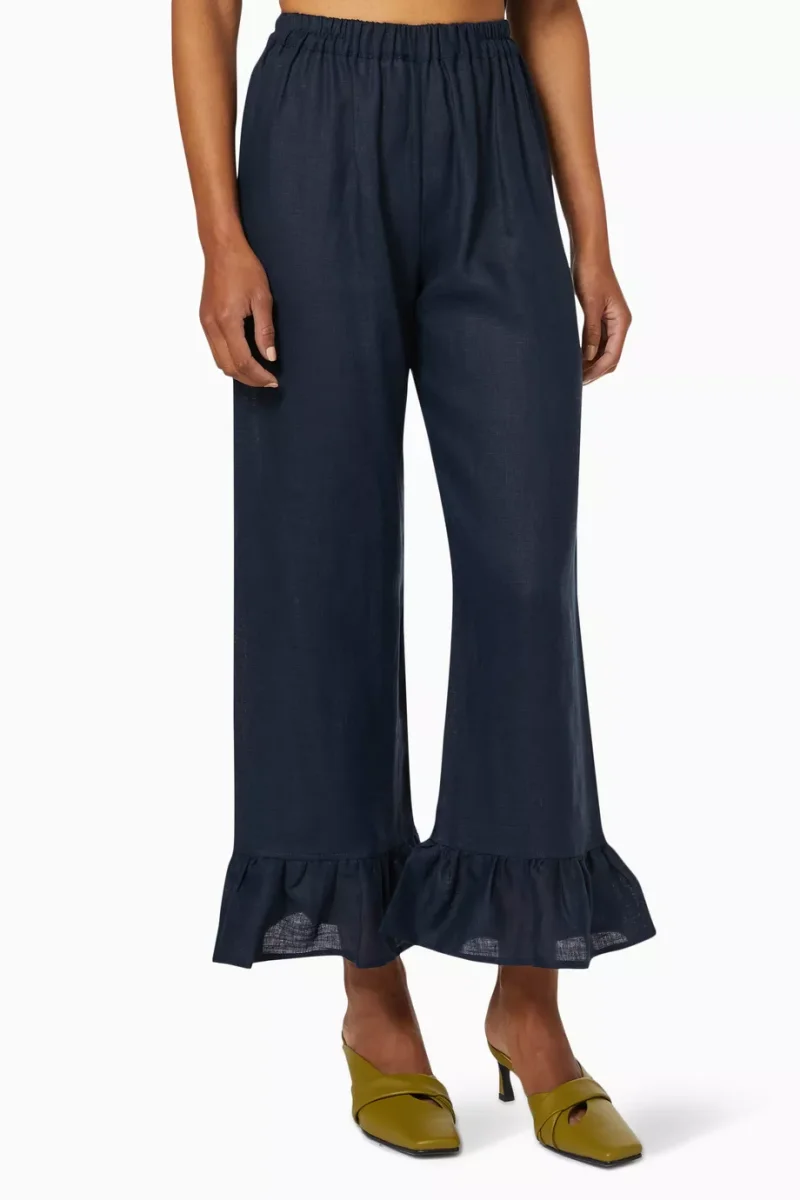 Sleeper Linen Ruffle Trim Navy Rumba Trousers - Imagen 2