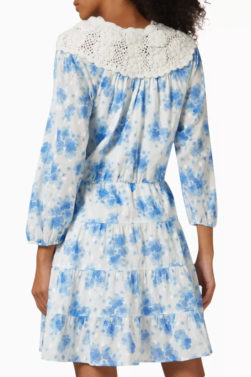 Rixo London Tatiana Crochet Neckline Blue Floral Victorian Dress - Imagen 5