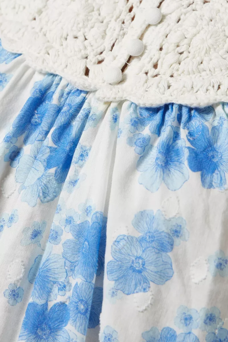 Rixo London Tatiana Crochet Neckline Blue Floral Victorian Dress - Imagen 4