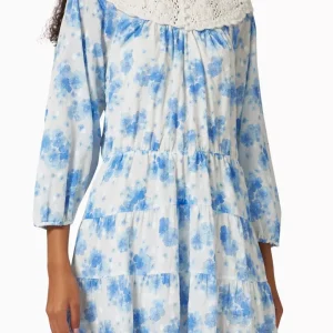 Rixo London Tatiana Crochet Neckline Blue Floral Victorian Dress