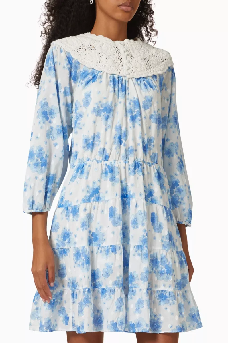 Rixo London Tatiana Crochet Neckline Blue Floral Victorian Dress